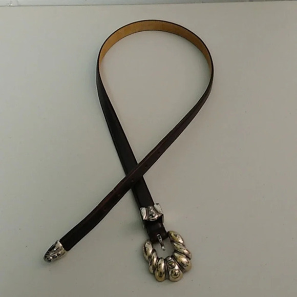 BROWN SEWN EDGE, GENUINE LEATHER 3/4" HEAVY SILVER BUCKLE & TIP END VINTAGE 1995 - Picture 8 of 8